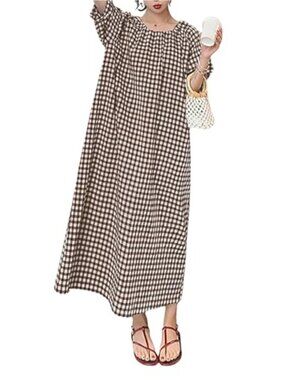 Women's Cotton Gingham Swing Dress with Puff Sleeves Midi Length